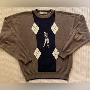 Vintage John Ashford Golf Sweater Men’s XL Brown Blue Embroidered 100% Cotton
